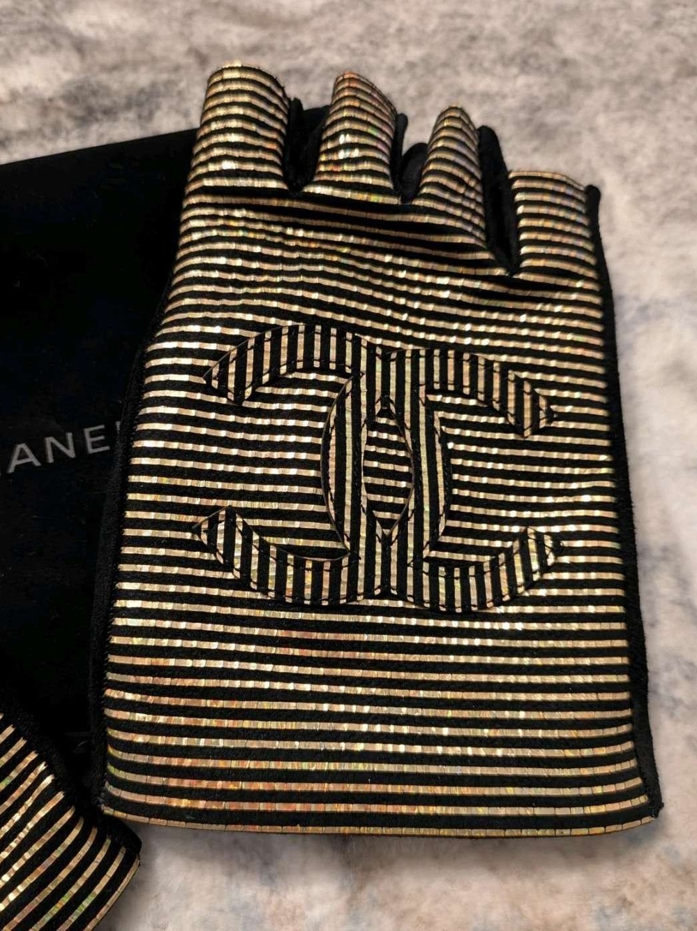 Chanel Metier D'art Gold & Black Striped Logo Gloves - Size 8 Archive